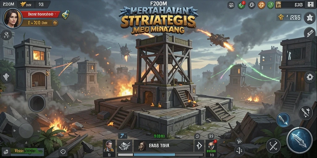 Screenshot gameplay F200M menampilkan pertempuran menara yang intens.