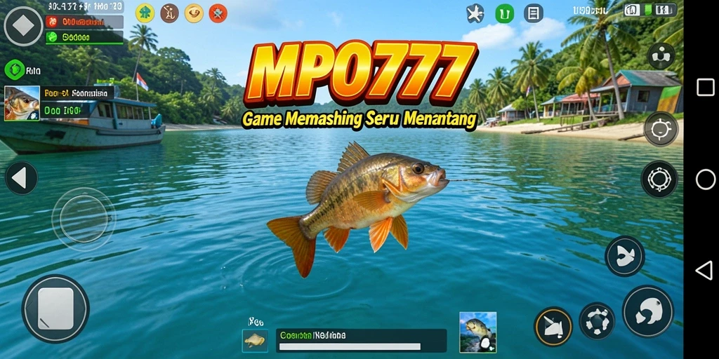 Tampilan gameplay MPO777 dengan memancing ikan di berbagai lokasi.