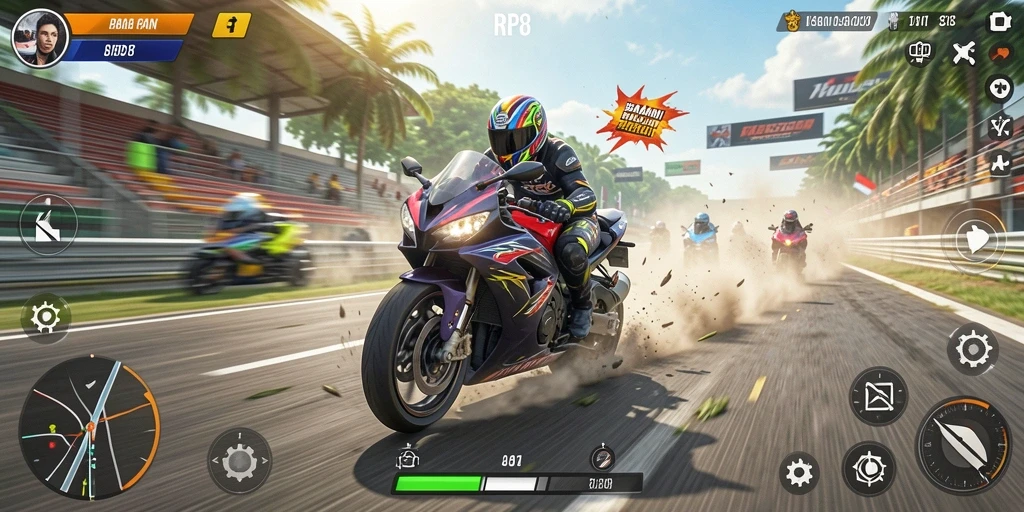 Screenshot gameplay RP8 menampilkan aksi balapan motor yang mendebarkan.